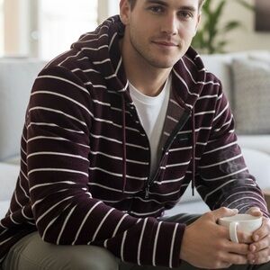 RVCA Men's Super‎ Marle Knit Maroon Striped Zip Up Hoodie Sweater